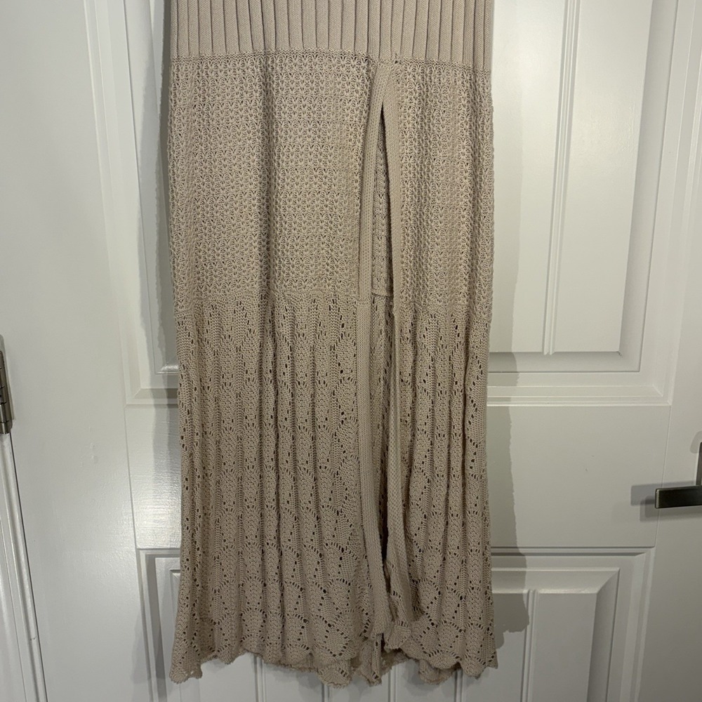 Free People XS Ribbed Knit Boho Maxi Skirt Beige Crochet Hem Festive Cottagecore - Picture 2 of 7